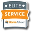 HomeAdvisor Elite Service badge with a gray shield and orange banner, displaying stars and the HomeAdvisor logo.