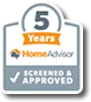 HomeAdvisor badge reads “5 Years Screened & Approved” with a check mark.
