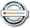 A HomeAdvisor badge with the text “Screened & Approved” on a circular, silver and black background.