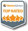 HomeAdvisor Top Rated badge with four orange stars and the HomeAdvisor logo at the top.